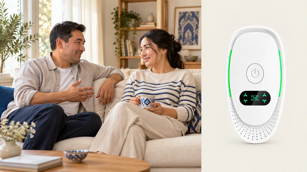 Mehmonxonada suhbatlashayotgan juftlik va oq mini ionizator tasviri