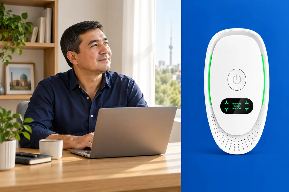 Uydagi ish stolida o‘tirgan erkak va oq mini ionizator tasviri