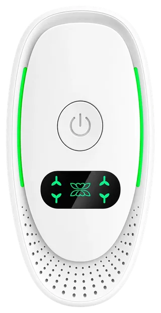 Oq mini ionizator: old tomonida yoqish tugmasi va yashil indikatorlar